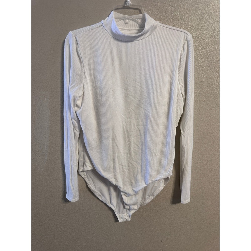 Soma Womens White Ribbed Mock Neck Long Sleeve Bodysuit Large Shelf Bra